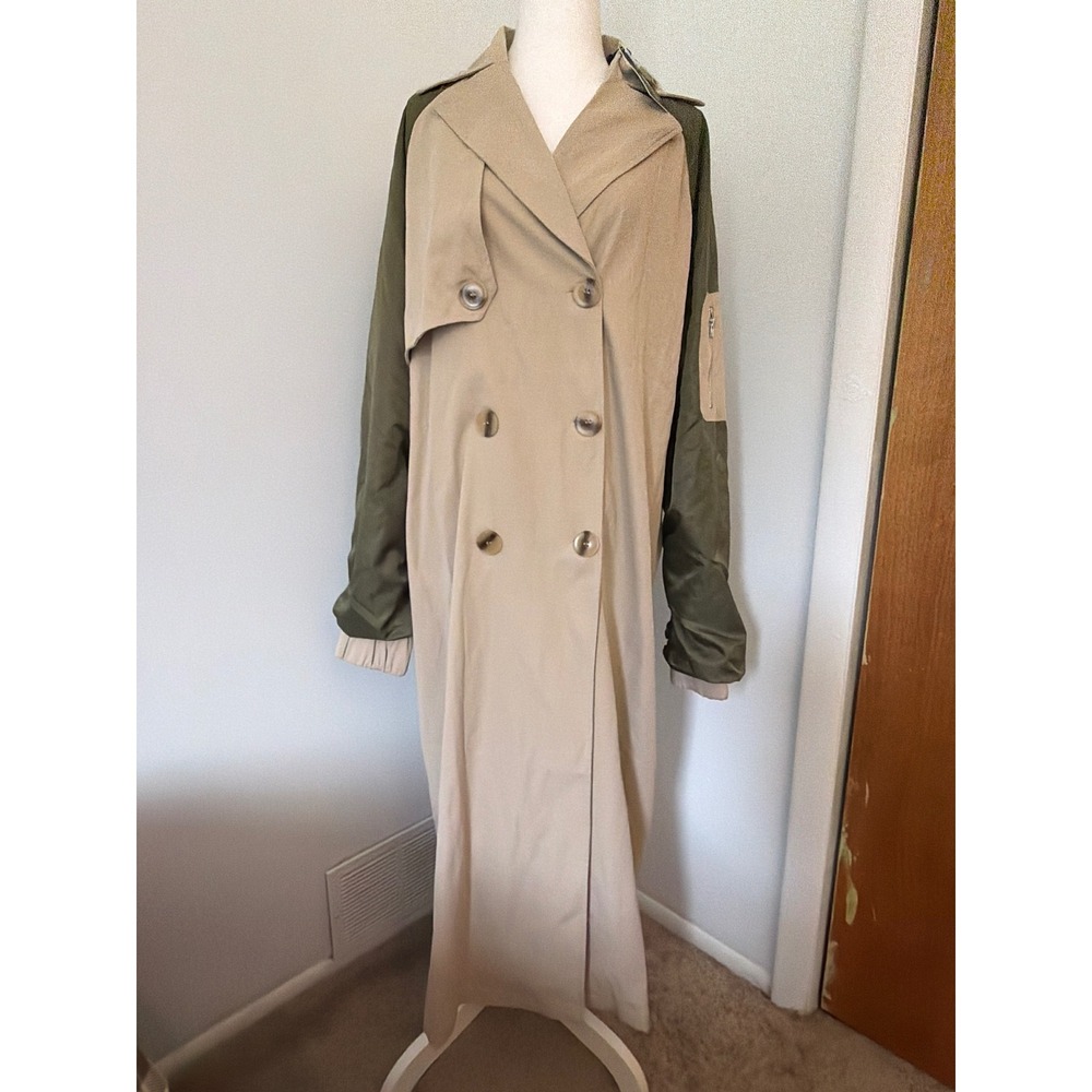 Fashion Nova So Caught Up Trench Coat Khaki Combo Olive Contrast Sleeve XL NWT